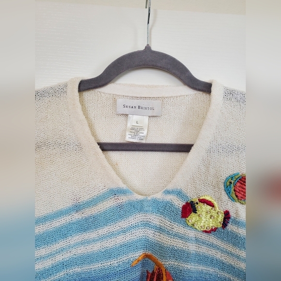 Susan Bristol Fish Beaded Hand Embroidered Shells Colorful V-NeckSweater, Large - Picture 3 of 11